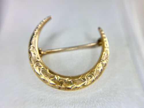 Art Nouveau Vintage 10k Yellow Gold Engraved Half Moon Pin Brooch