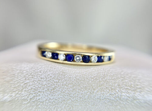 14k Yellow Gold Natural Blue Sapphire Round Diamond Wedding Band Stack Ring