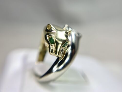 Vintage 14k Yellow White Gold Round Diamond Green Emerald Panther Head Ring