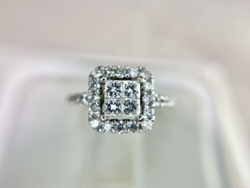 14k White Gold Princess Cut Diamond Invisible Set Cluster Halo Engagement Ring