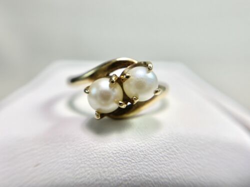 Vintage Signed Designer 10k Yellow Gold Round White Cultured Double Pearl Ring