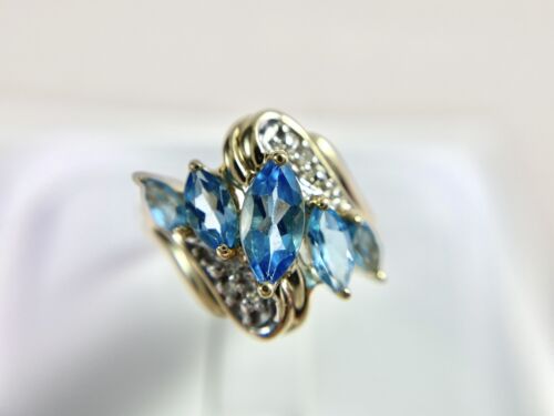 Vintage 10k Yellow Gold Marquise Cut Blue Topaz Round Diamond Cocktail Ring