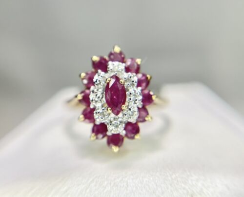 Vintage 10k Yellow Gold Natural Marquise Red Ruby Round Diamond Cocktail Ring