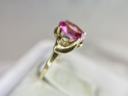 Vintage 10k Yellow Gold Synthetic Oval Pink Topaz Round Diamond Ring