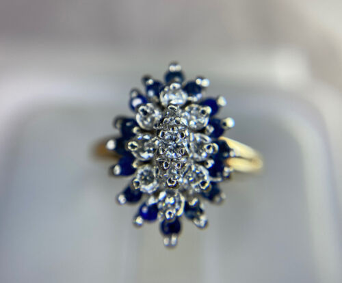 Vintage 14k Yellow Gold Natural Round Diamond Blue Sapphire Cocktail Ring 1 ct