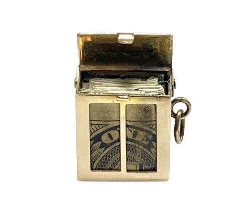 Vintage 14k Yellow Gold Money Box Dollar Emergency Charm Pendant 