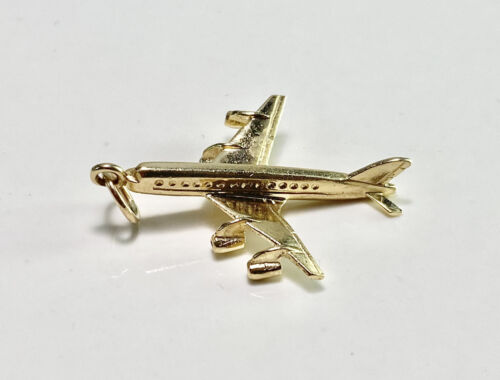 Vintage Solid 14k Yellow Gold Airplane 3D Big Charm Pendant