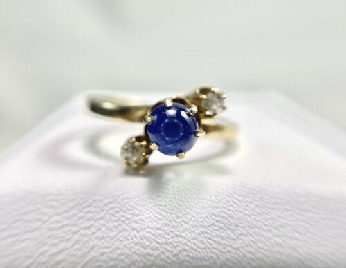 Victorian 14k Yellow Gold Round Blue Cabochon Sapphire Old European Diamond Ring