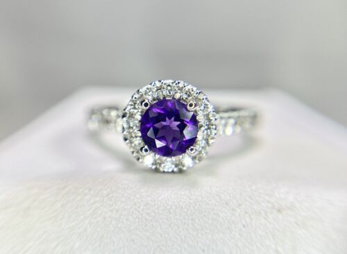 10k White Gold Natural Round Purple Amethyst Diamond Halo Engagement Ring