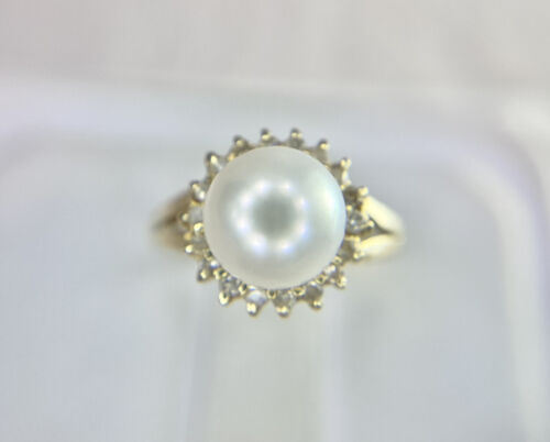 Vintage 14k Yellow Gold White Round Pearl Single Cut Diamond Halo Ring