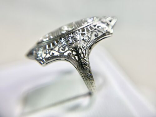 Art Deco 18k White Gold Natural Old European Diamond Shield Cocktail Ring