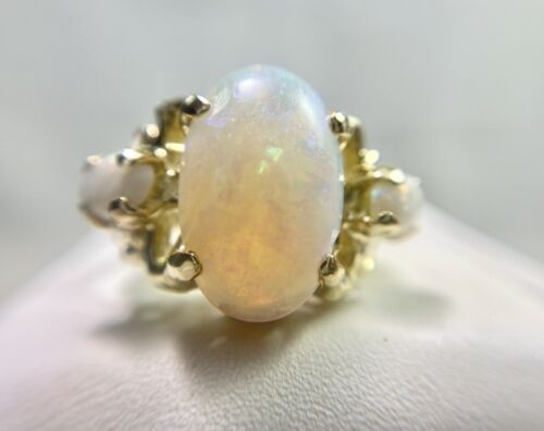 Vintage 14k Yellow Natural Oval Ethiopian White Opal Big Filigree Cocktail Ring