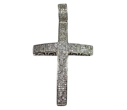 10k White Gold Natural Round Single Cut Diamond Big Cross Pendant 