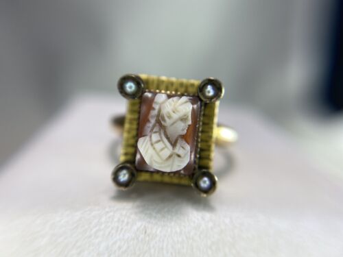 Vintage Antique 14k Yellow Gold Cameo Lady Silhouette Pearl Cocktail Ring