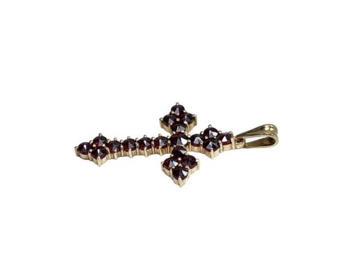 Vintage 14k Yellow Gold Natural Round Rhodolite Garnet Cross Pendant