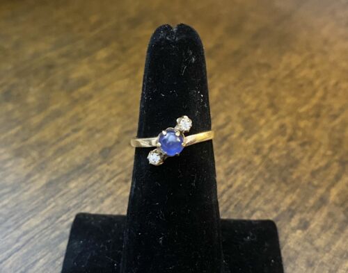 Victorian 14k Yellow Gold Round Blue Cabochon Sapphire Old European Diamond Ring