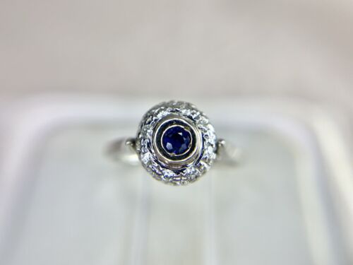 Vintage 14k White Gold Round Brilliant Diamond Blue Sapphire Dome Cocktail Ring