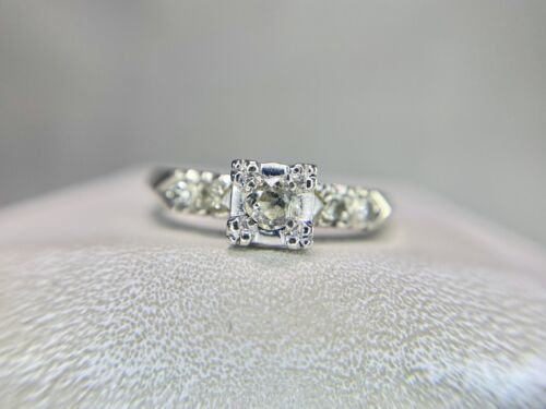 Vintage Art Deco 14k White Gold Natural Old Miner Diamond Engagement Ring 1/5 ct