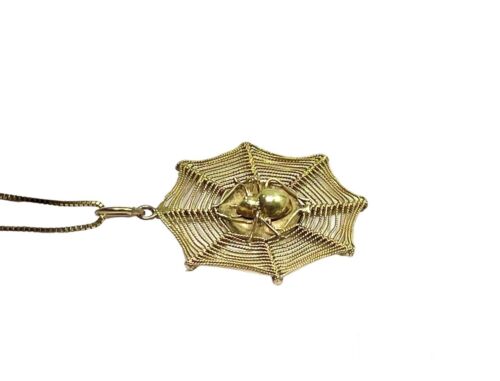 Vintage 14k Yellow Gold Handcrafted Spiderweb Pendant Necklace