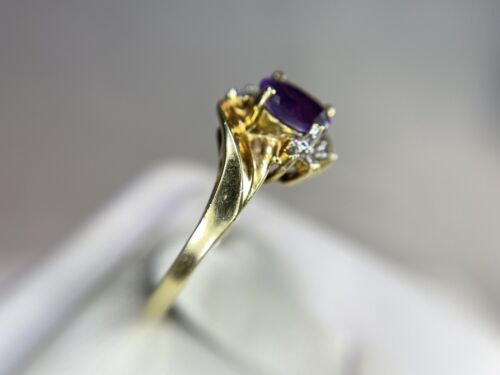 Vintage 10k Yellow Gold Oval Purple Amethyst Round Diamond By-Pass Ring