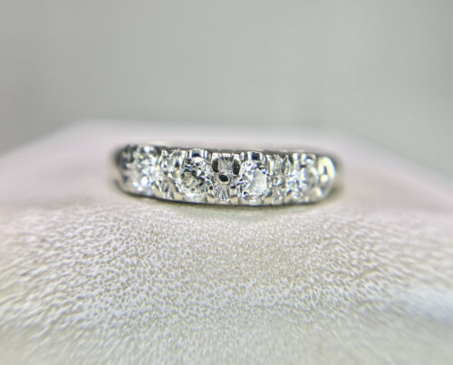 Vintage 14k White Gold Natural Round Diamond Four Stone Wedding Band Ring 1/3 ct