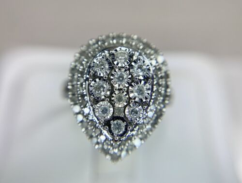 Vintage 10k White Gold Natural Round Diamond Pear Shape Cluster Cocktail Ring