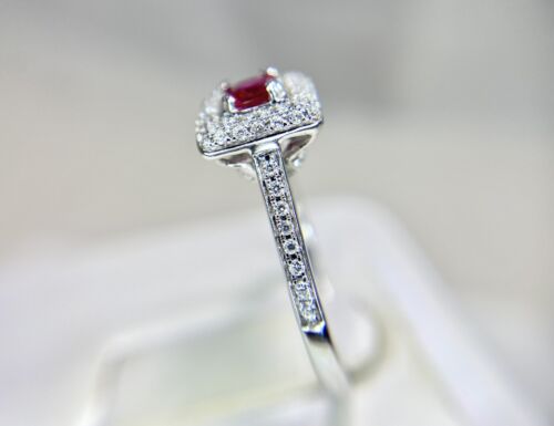 14k White Gold Natural Square Red Ruby Round Diamond Pave Halo Ring