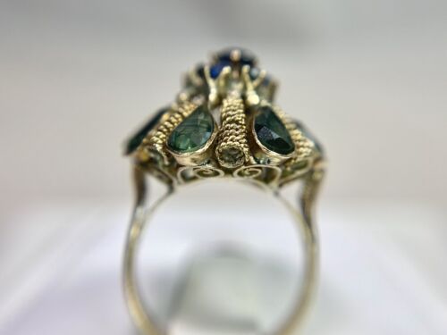 Vintage 10k Yellow Gold Natural Pear Shape Round Blue Sapphire Cocktail Ring