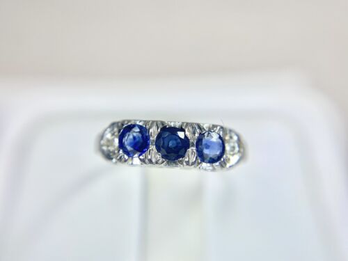 Vintage 18k White Gold Natural Round Blue Sapphire Diamond Filigree Ring