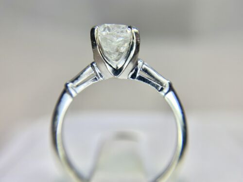 Vintage 14k White Gold Natural Round Baguette Cut Diamond Engagement Ring