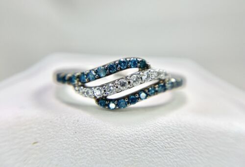 10k White Gold Natural Fancy Blue Color Round Brilliant Diamond Bypass Ring