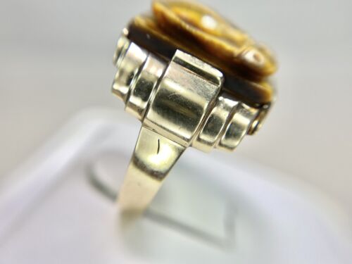 Vintage 10k Yellow Gold Intaglio Tiger eye Gemstone Cameo Big Cocktail Ring