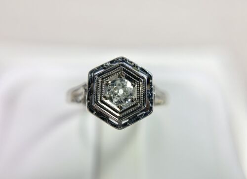 Art Deco 14k White Gold Old European Diamond Filigree Small Engagement Ring