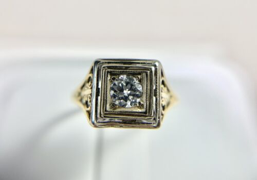 Art Deco 14k Yellow Gold Old European Diamond Filigree Small Cocktail Ring