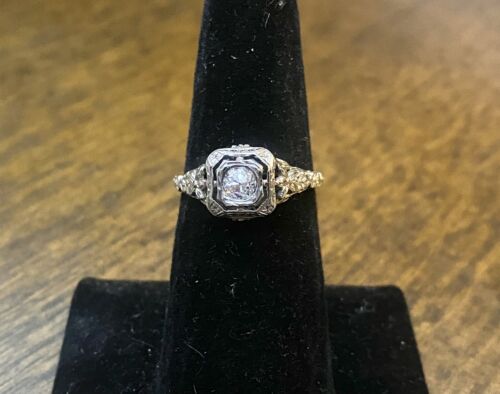 Art Deco 18k White Gold Natural Old European Diamond Engraved Engagement Ring