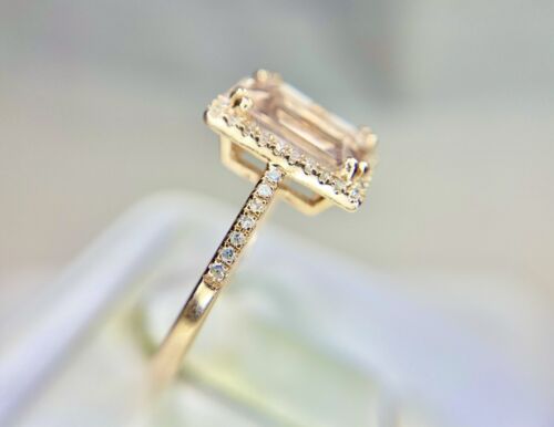 Vintage 14k Rose Gold Natural Emerald Cut Morganite Round Diamond Halo Ring