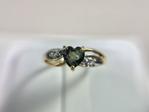 Vintage 10k Yellow Gold Heart Shape Mystic Topaz Round Single Cut Diamond Ring