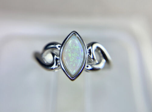 Vintage 14k White Gold Navette Marquise White Opal Solitaire Ring