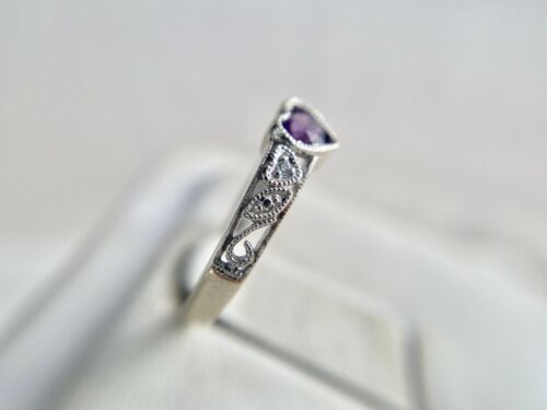 Vintage 10k White Gold Round Purple Amethyst Diamond Heart Shape Filigree Ring