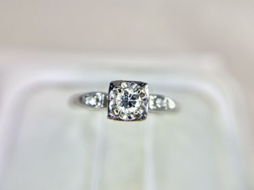 Art Deco Signed 14k White Gold Natural Round Diamond Small Engagement Ring