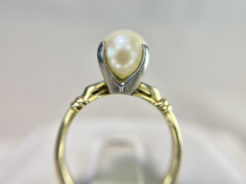 Vintage 14k Yellow Gold Akoya Cultured White Big Round Pearl Solitaire Ring