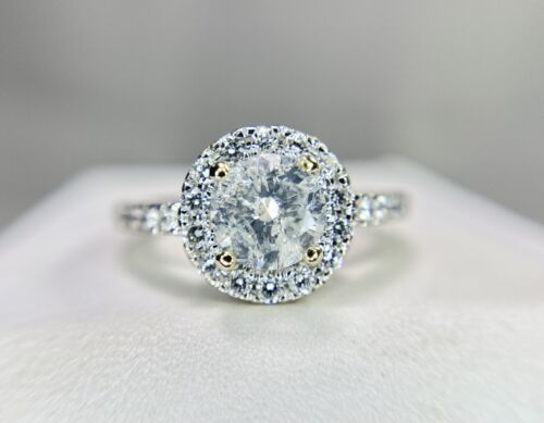 14k White Gold Natural Round Brilliant Diamond Halo Engagement Ring