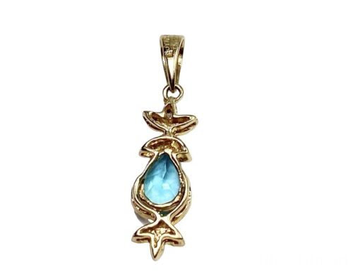 Vintage 10k Yellow Gold Pear Shape Blue Topaz Natural Round Diamond Pendant