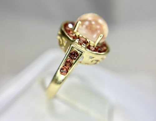 Vintage 14k Yellow Gold Oval Cabochon Morganite Filigree Cocktail Ring