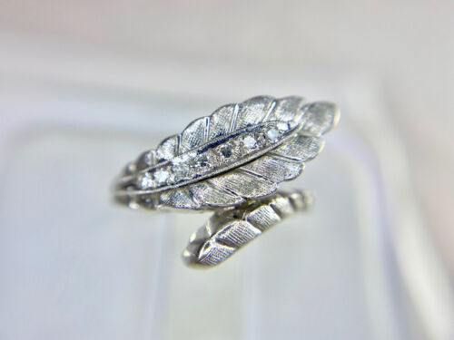 Art Deco 14k White Gold Round Single Cut Diamond Engraved Leaf Feather Ring