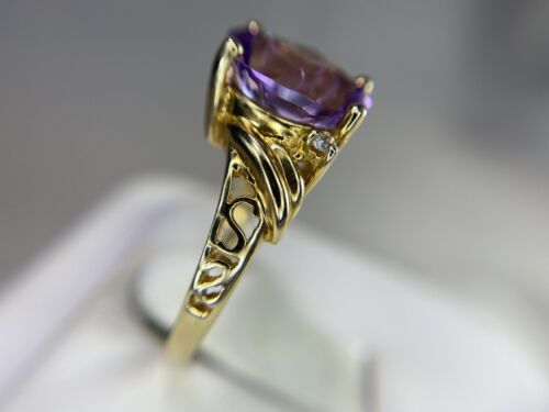 14k Yellow Gold Oval Custom Cut Big Purple Amethyst Round Diamond Ring