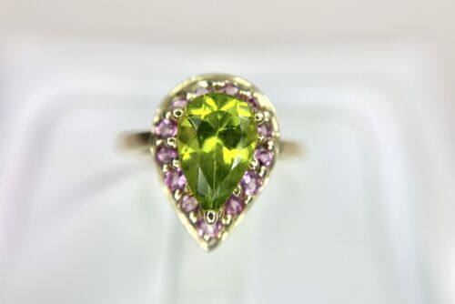 Vintage 14k Yellow Gold Pear Shape Green Peridot Pink Tourmaline Ring