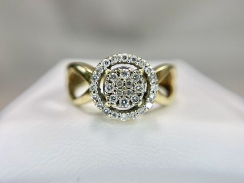 10k Yellow Gold Designer Natural Round Diamond Pave Cluster Halo Cocktail Ring