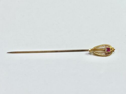 Art Deco 10k Yellow Gold Square Princess Cut Pink Gemstone Filigree Stick Pin