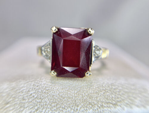 Vintage Deco 10k Yellow Gold Emerald Cut Rhodolite Garnet Round Diamond Ring